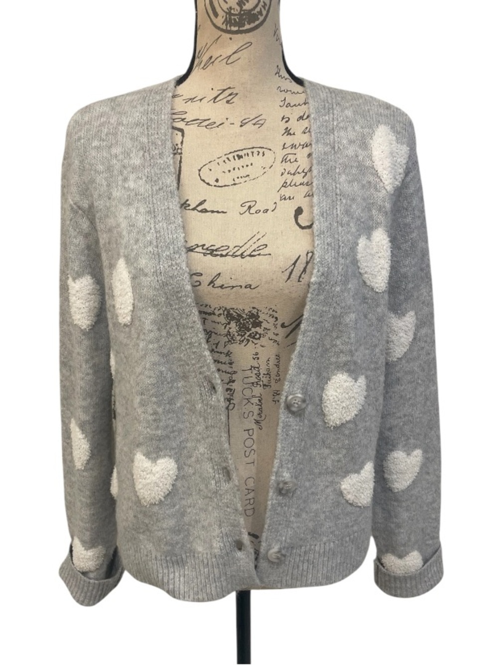 Cupcakes and Cashmere Gray Heart Cardigan Sweater Soft Cozy Knit Size M - Picture 8 of 12